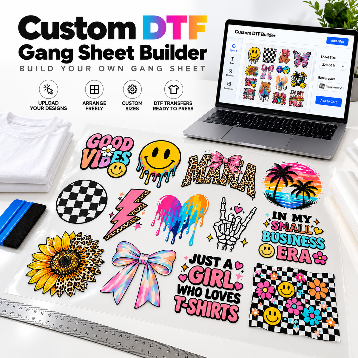 Custom DTF Gang Sheet Builder | 22" Wide Bulk Heat Transfers